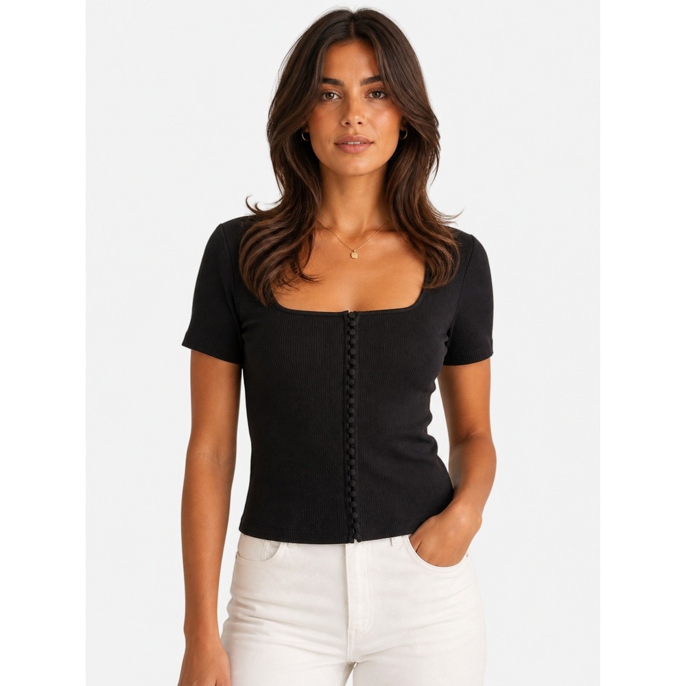 NWOT Sezane Grant T-Shirt Black Ribbed Square Neck Button Front Top XL New